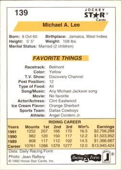 1992 Jockey Star #139 Michael A. Lee Back